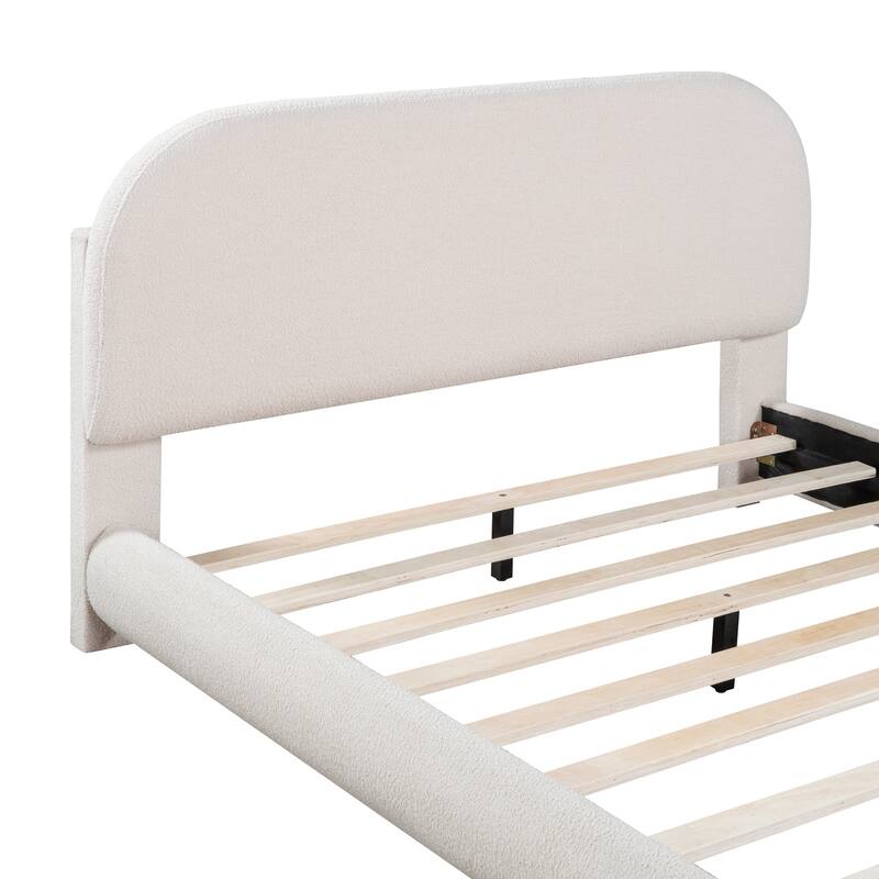 Curve-Shaped Teddy Fleece Upholstered Platform Bed Thick Fabric Low Profile Bed for Bedroom, Solid Wood Frame Slat Support