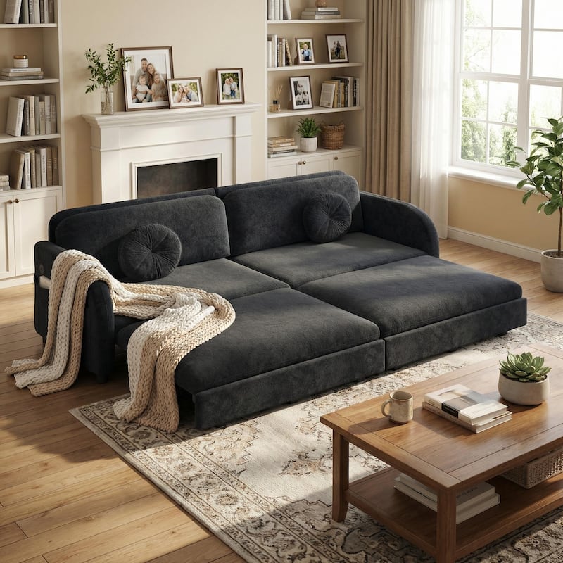 Homy Casa 3-in-1 Convertible Sleeper Sofa Bed, Pull-Out Couch w/ USB, Side Pocket & 4 Pillows, Chenille, 2/3/4-Seat - 4 Black - 4 Black