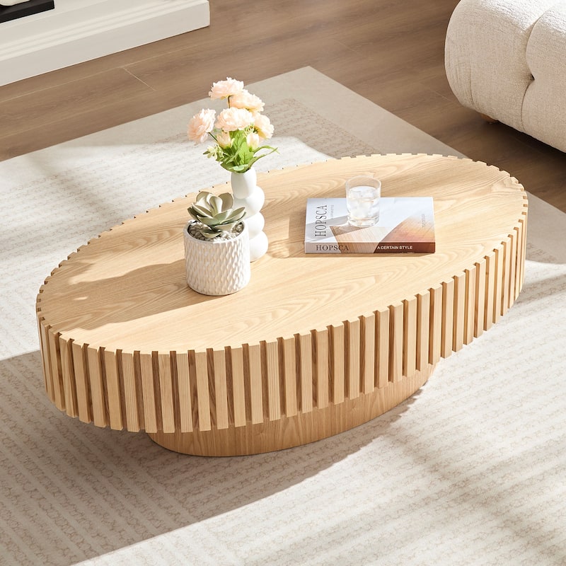 Modern Handcraft Drum Coffee Table Length 43.31"Round Coffee Table for Living Room - Natural Ash