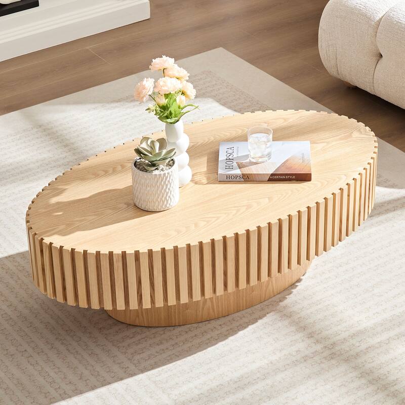Modern Handcraft Drum Coffee Table Length 43.7 inch Round Coffee Table for Living Room,Small Coffee Table with Sturdy Pedestal