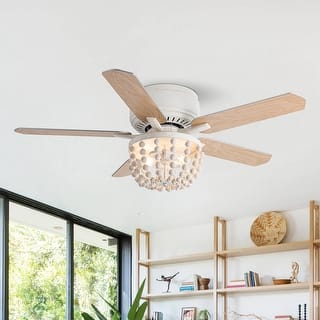 48" White Coastal Bohemian Wooden Bead Flush Mount Ceiling Fan with Light and Remote