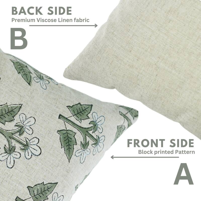 Fabdivine Viscose Linen Floral White or Green Cushion Cover Handmade Block Print, Chahat