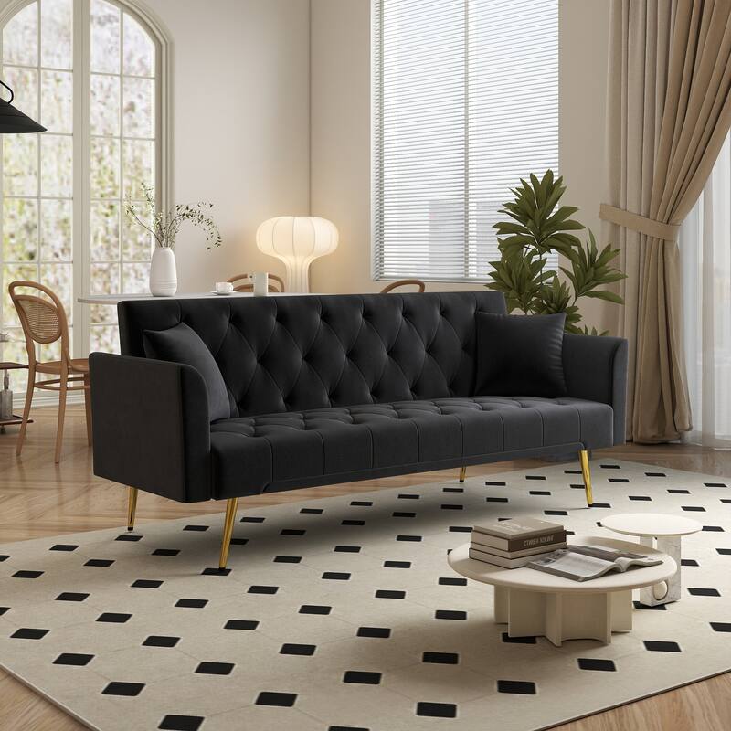 Convertible Sleeper Sofa Bed, Foldable Velvet Loveseat with Adjustable Backrest and Metal Legs, Cloud Chaise Lounge Couch - Black