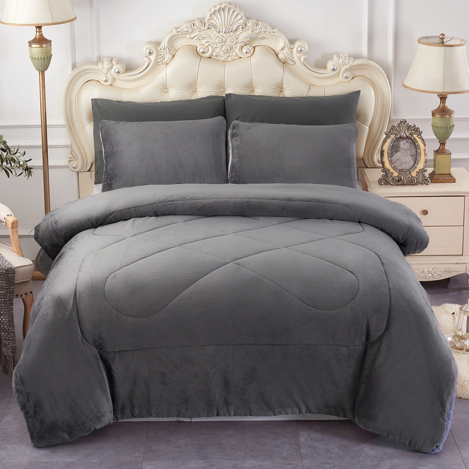 Bed Comforter Set Sherpa Ultra Soft Micromink Plush Gray Queen Size 3 Piece Kit 