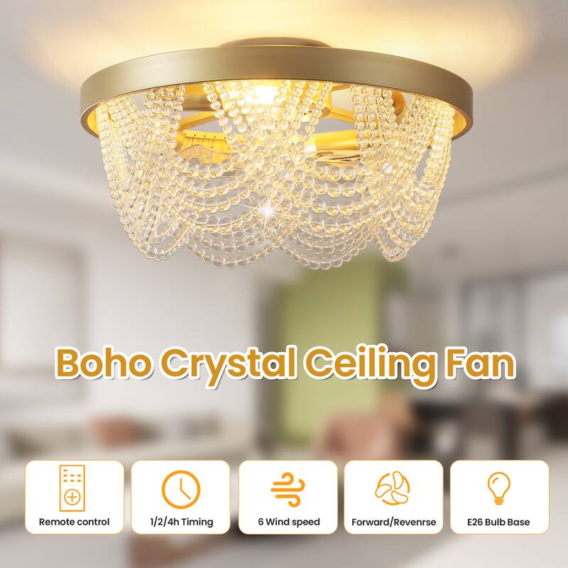 20'' Boho Crystal Ceiling Fans with Lights Flush Mount