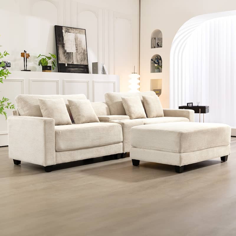 Oversized Corduroy Upholstered Sofa with a Removable Ottoman & 4 Pillows