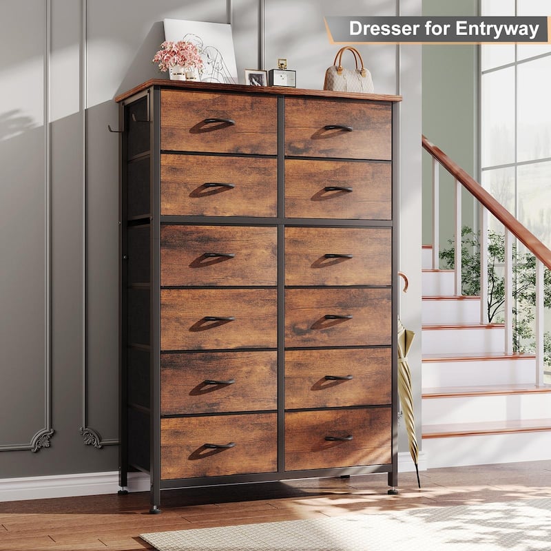 12 Drawer Dresser Tall Fabric Chests of Drawers Closet for Bedroom