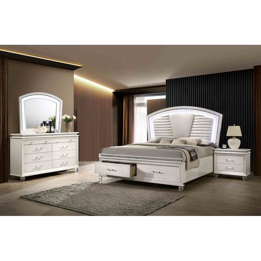 Formal White Finish Solid Wood LED Bed w Footboard Drawers Bedroom Set