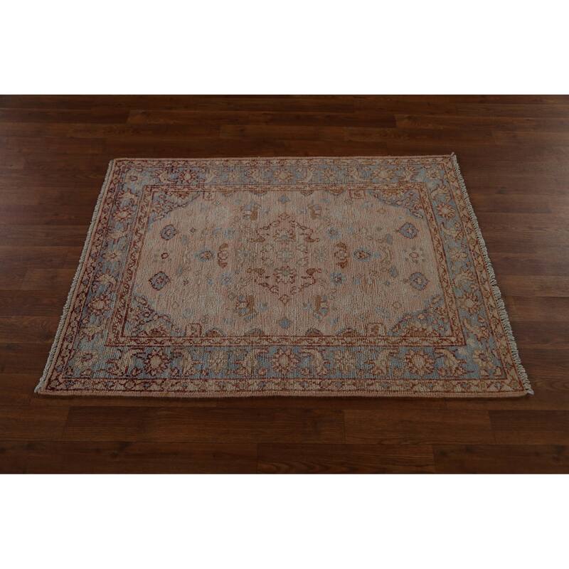 Hand Knotted Oriental 100% Wool Carpet Transitional Geometric Peach Oushak Area Rug - 3' 10'' X 2' 9''