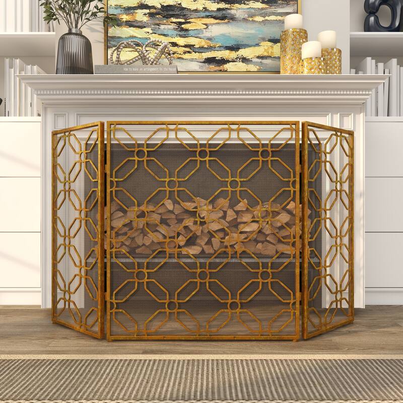 Gold Metal Foldable Mesh Netting 3 Panel Geometric Fireplace Screen