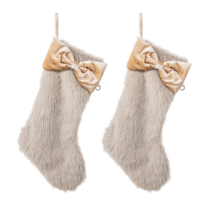 Glitzhome 21"L Plush Faux Fur Christmas Stocking with Bow & Tree Skirt - 2PK Faux Fox Fur