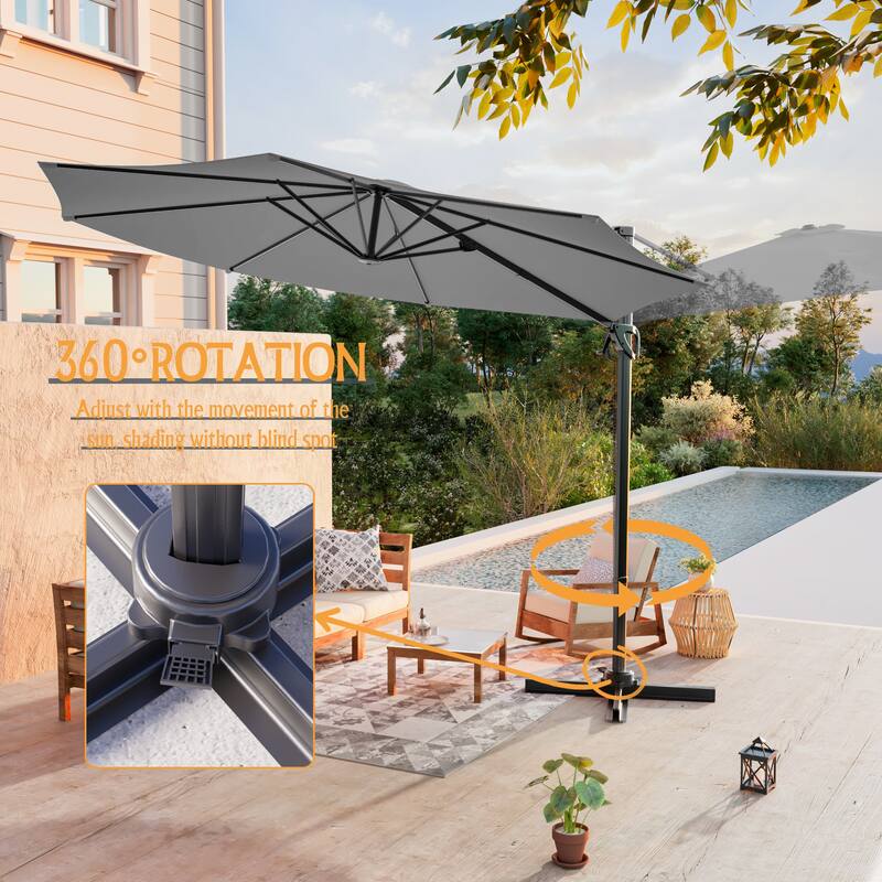 LIVOOSUN 10FT Round Cantilever Umbrella Patio Offset Umbrella For Outdoor Space, Solution-Dyed Fabric, 360° Rotation System