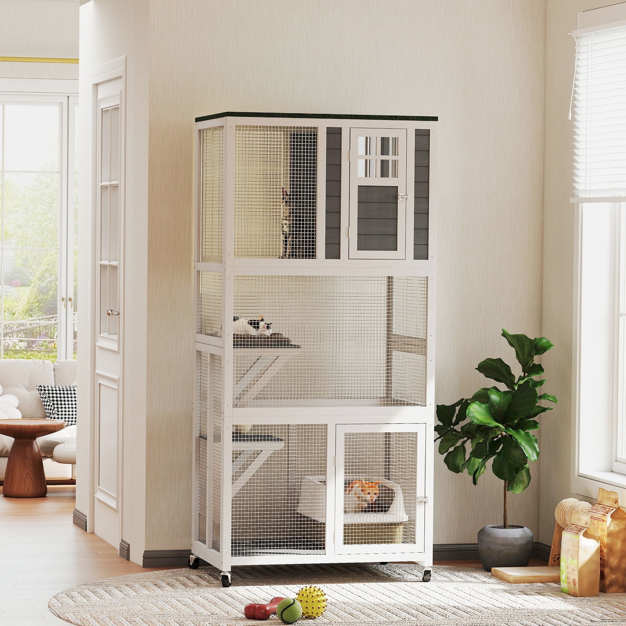 PawHut 74" Wooden Outdoor Cat House Catio Outdoor Cat Enclosure, Light Gray