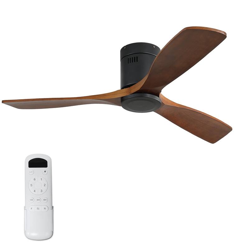 Sofucor 52 Inch Solid Wood Flush Mount Indoor Ceiling Fan without Light,Remote Control,Retractable Blades,Smart Optional - Remote Control - Black and Walnut Blades