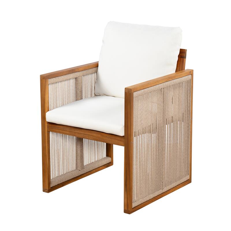 Christopher Knight Home - Modern Outdoor Acacia Wood Dining Set with Cushions and Handwoven Rope Chairs