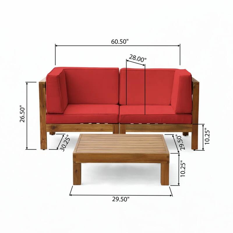 Outdoor 3PC LOVE SEAT SET WITH COFFEE TABLE, RED