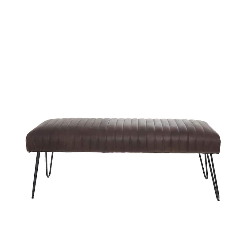 Leather Upholstered Home Bench with Linear Tufted Panels and Black Metal Hairpin Legs - Brown or Dark Brown - Roche River Decor