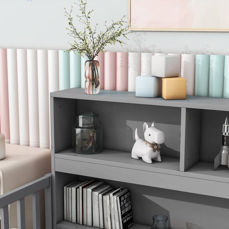 Floor Bed with Bedside Bookcase,Shelves,Guardrails