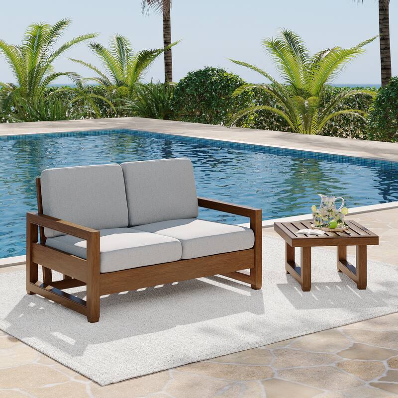 Teak Loveseat Patio Set with Cushions and Table (2-Piece) - Light Grey/Brown wood - Side table