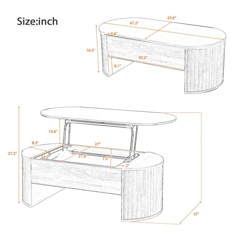 Lift Top Coffee Table with Hidden Compartment, Wooden Center Table Cocktail Table with Oval Lift Tabletop for Home Living Room