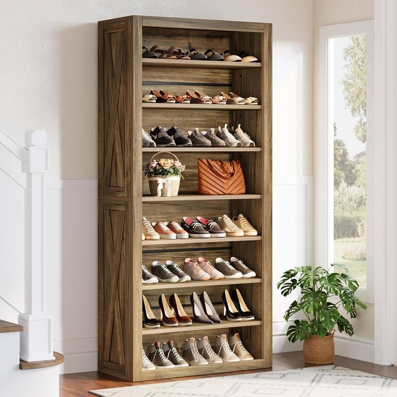 71 Inches Wood Shoe Cabinet with Adjustable Shelves, 8-Tier Shoe Storage Organizer for 32-36 Pairs of Shoes