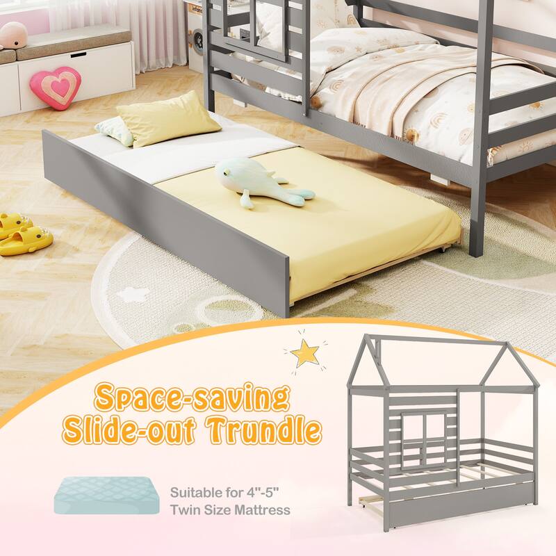 Gymax Twin Size House Bed with Trundle Wooden Platform Bed w/ Roof