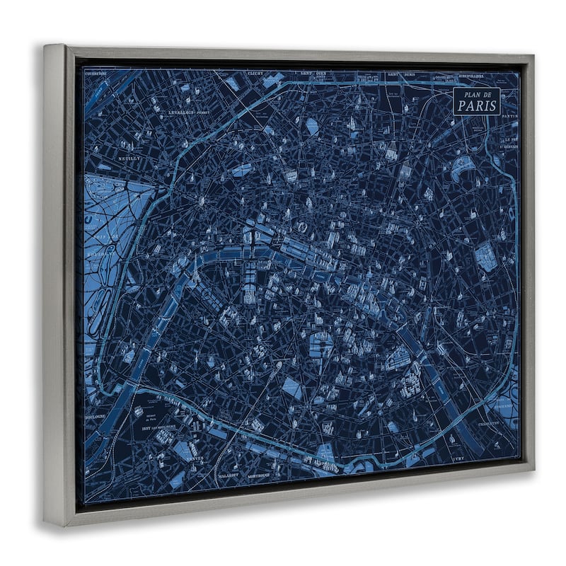 Stupell Blue Detailed Paris Map Framed Floater Canvas Wall Art Design By Phillipa Katz