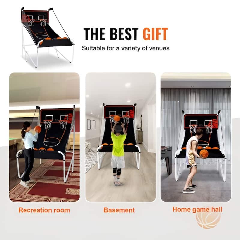 Black-White Steel Dual Hoop Basketball Arcade Game with 8 Games Modes and Foldable Frame - 80” L x 54” W x 81” H