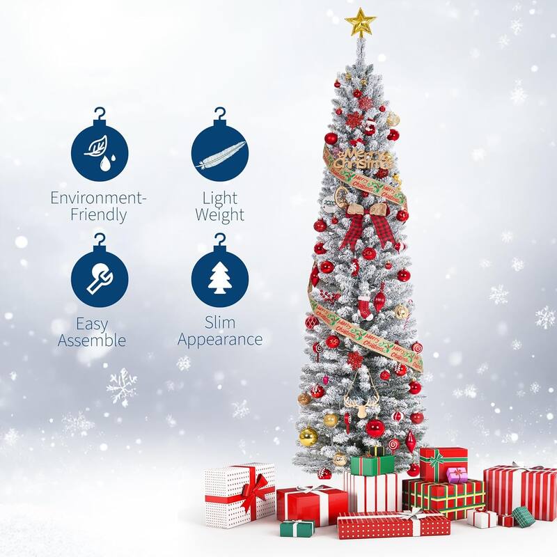 6ft Prelit Flocked Pencil Christmas Tree with Lights, Slim Artificial Xmas Tree with Snowy Branch