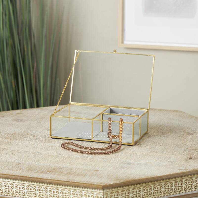 Glass Decorative Jewelry Box with Gold Metal Frame and Gray Fabric Interior with Ring Slots - Clear - Roche River Decor