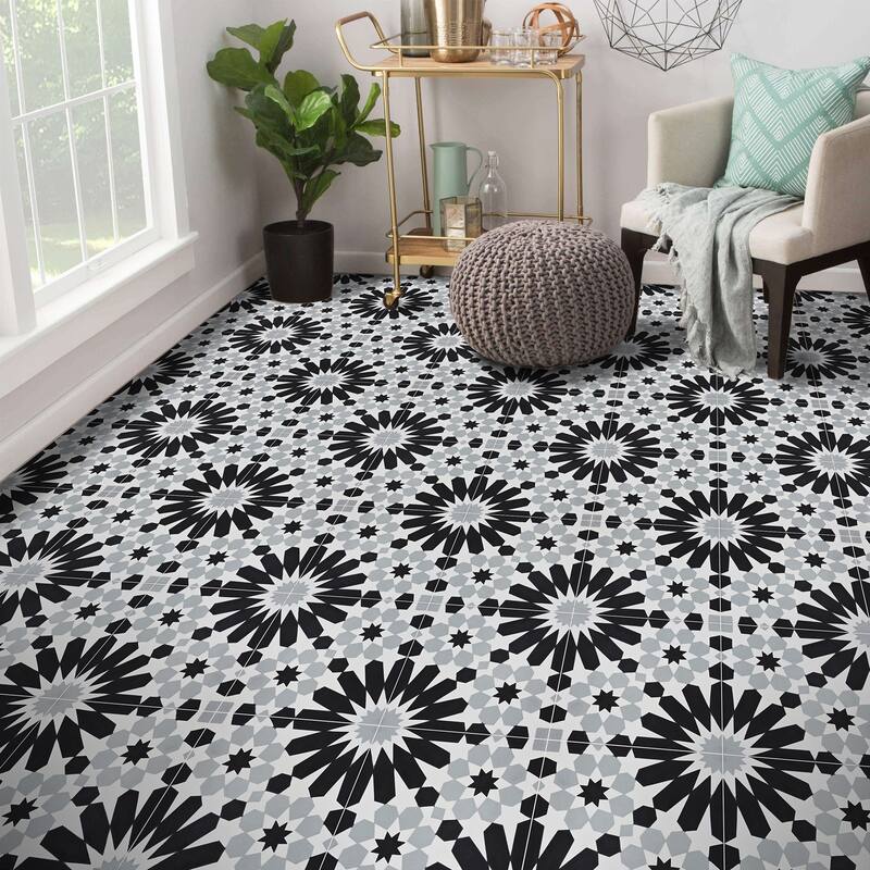 Agdal Handmade Cement Tile, 8x8, Black-Grey
