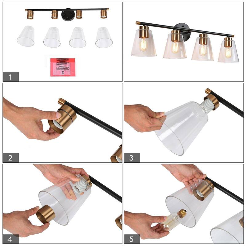 Modern Transitional Black 4-Light Black Brass Bathroom Vanity Lights with Cone Clear Glass - 30"W x 6.5"D x 9.5"H
