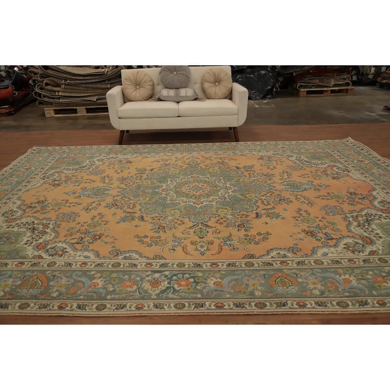 Hand Knotted Oriental 100% Wool Carpet Traditional Floral Oranges & Rust Tabriz Area Rug - 12' 7'' X 9' 6''