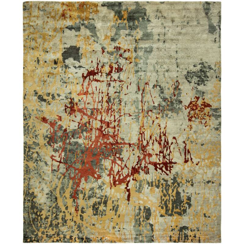 Modern Multi-Colored Hand-Knotted Viscose Area Rug - 4' x 6' - Multi-Colored