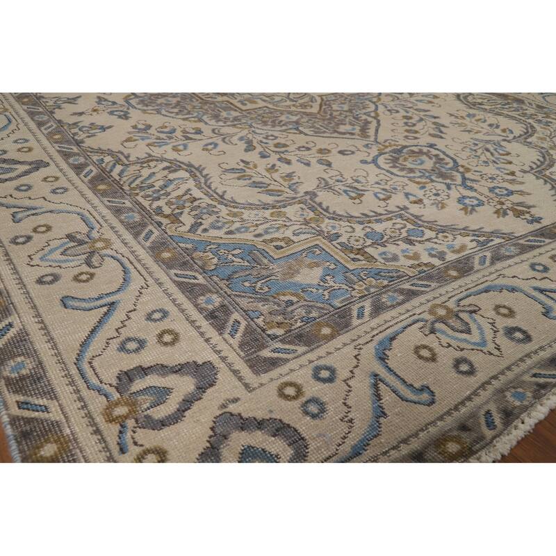 Tabriz Persian Area Rug Traditional Beige Handmade Wool Carpet - 6'9"x 9'1"