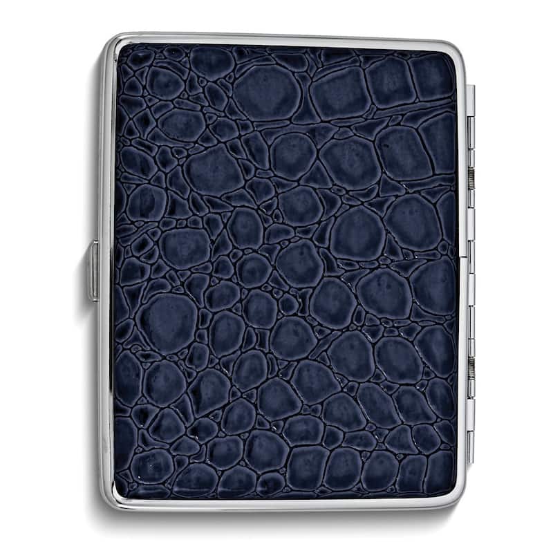Curata Navy Blue Faux Croco Leather Covered (Holds 20-100mm) Silver-Tone Cigarette / Card Case