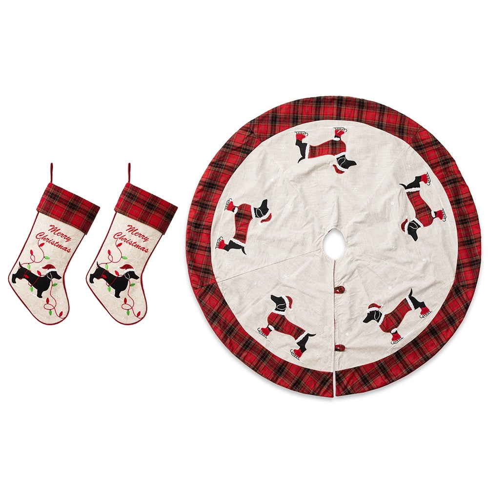 Glitzhome Dachshund Fabric Plaid Merry Christmas Stocking or Tree Skirt