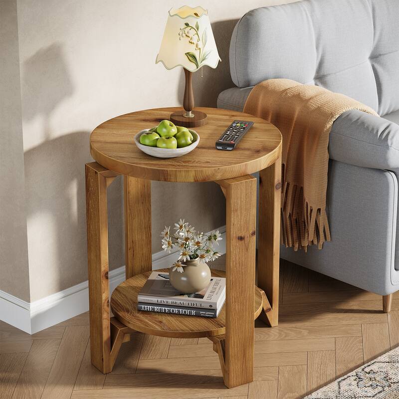 Round End Table with Storage Shelf, 2 Tier Solid Wood Side Table for Living Room