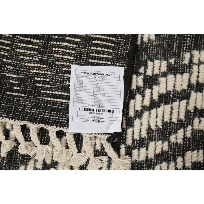Black & White Moroccan Abstract Area Rug Hand-Knotted Wool Carpet - 4'0"x 6'2"