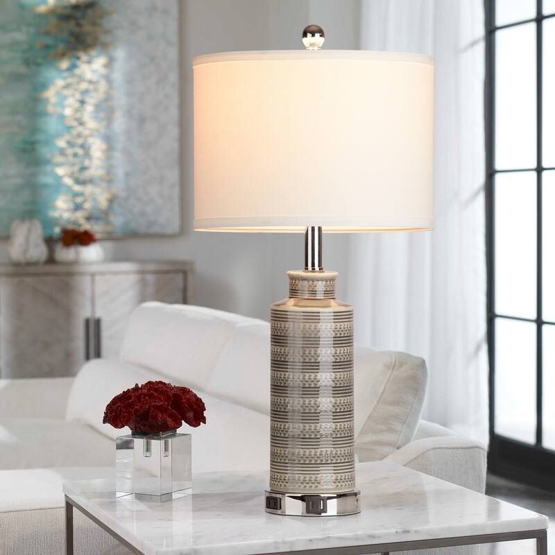 25'' Gray Ceramic Table Lamp with USB & Type-C Ports, 3-Stage Touch Switch (Set of 2) - 12.5'' x 12.5'' x 25''