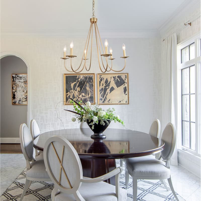 Rella Modern Farmhouse Chandelier 6-light Classic Candle Metal Dining Room Pendant - Light Gold - D28" x H24"