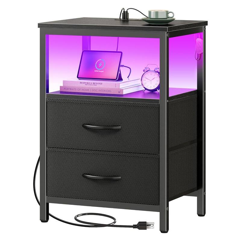 2 Drawer Night stand with Charger Station and LED Lights - Black