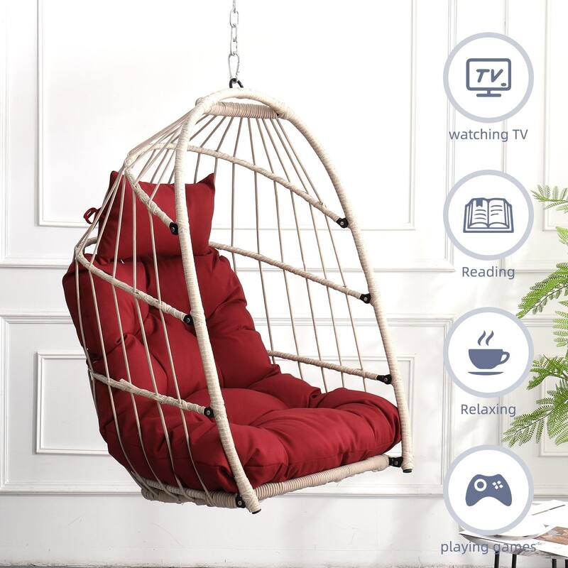 Foldable PE Wicker Hanging Chair with Removable Cushion and Weather-Resistant Design (Outdoor/Indoor Use)