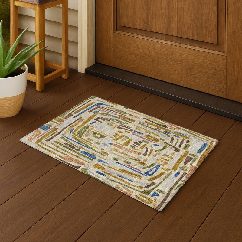 Machine Washable Indoor/ Outdoor Global Geo Chantille Rug - Beige - 1'8" x 2'6"