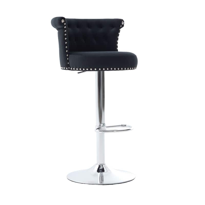 Velvet Bar Stool Set of 2, Adjustable Swivel Bar Stools with Silver Plated Metal Leg, Chrome Nailhead, Counter Height Chair