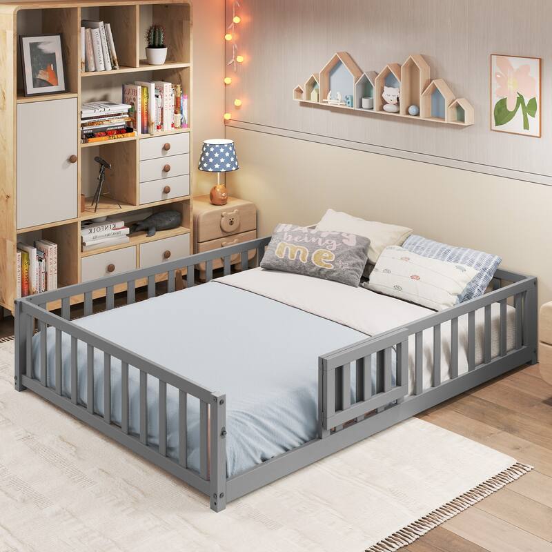 Montessori Floor Bed Frame with Full-length Guardrails Safety Door and Plywood Slats