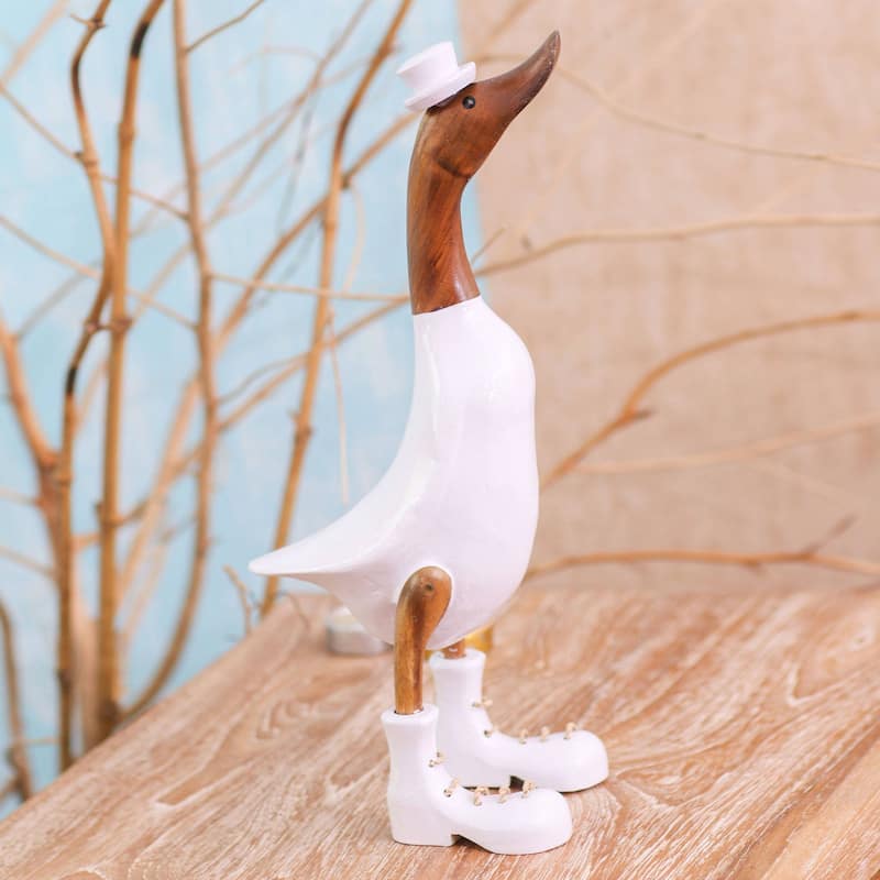 Handmade White Dapper Duck Bamboo Root And Wood Sculpture (Indonesia) - 16.5" H x 5" W x 7" D