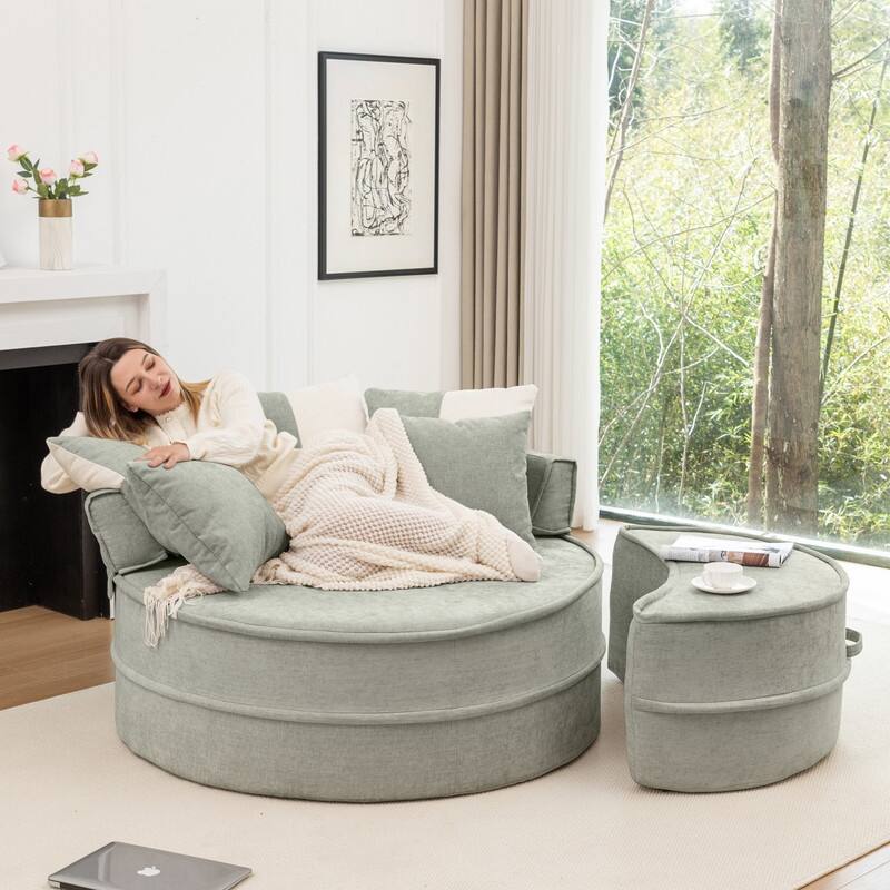 47.63" Round Lazy Fully Compression Sofa, Chenille, with Ottoman