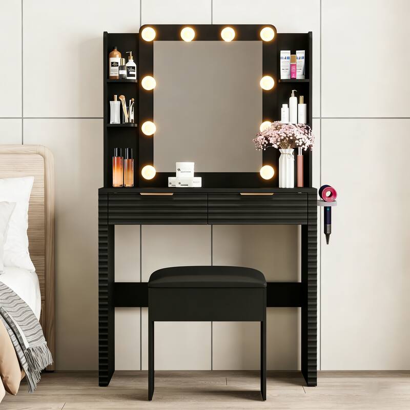 Makeup Vanity with 10 Hollywood Bulb Lights & Charging Station, Fluted Dressing Table with Storage Stool - Black