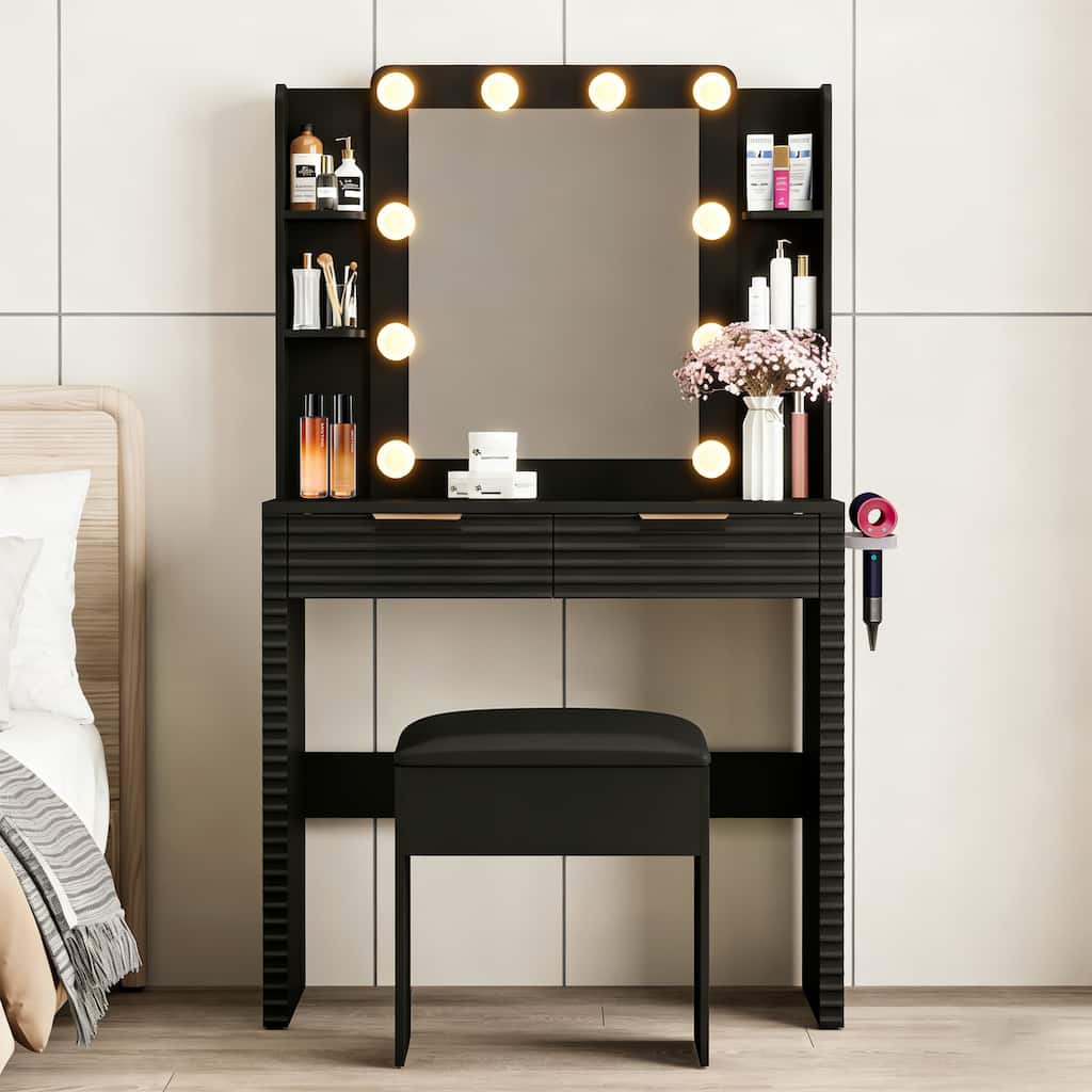 Roomfitters Makeup Vanity Table with Hollywood Lighted Mirror, Fluted Ribbed Drawers, Hair Dryer Holder and Stool, Black